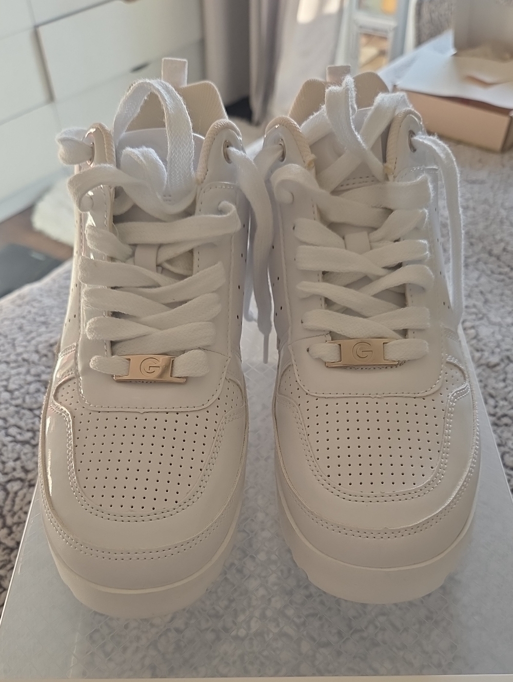 G by Guess Cream-White Platform Lace-Up Sneaker with Gold Accent